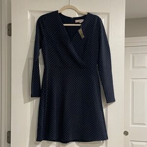 LOFT Navy Long Sleeve Dress with Dots